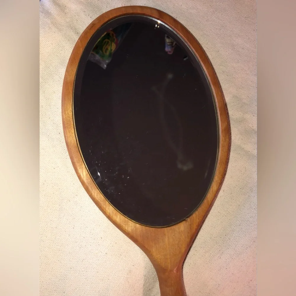 Wooden Oval Long Handled Hand Mirror 15.75” Long-Handcrafted/vintage 1980s